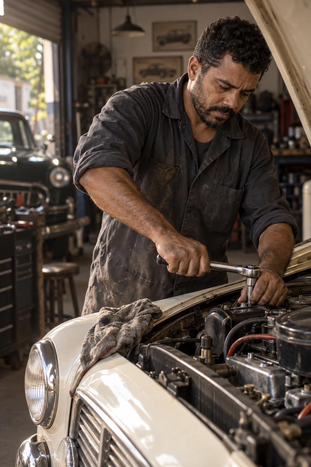 Fictional character Rafael working on a classic car engine in his neighborhood auto shop.