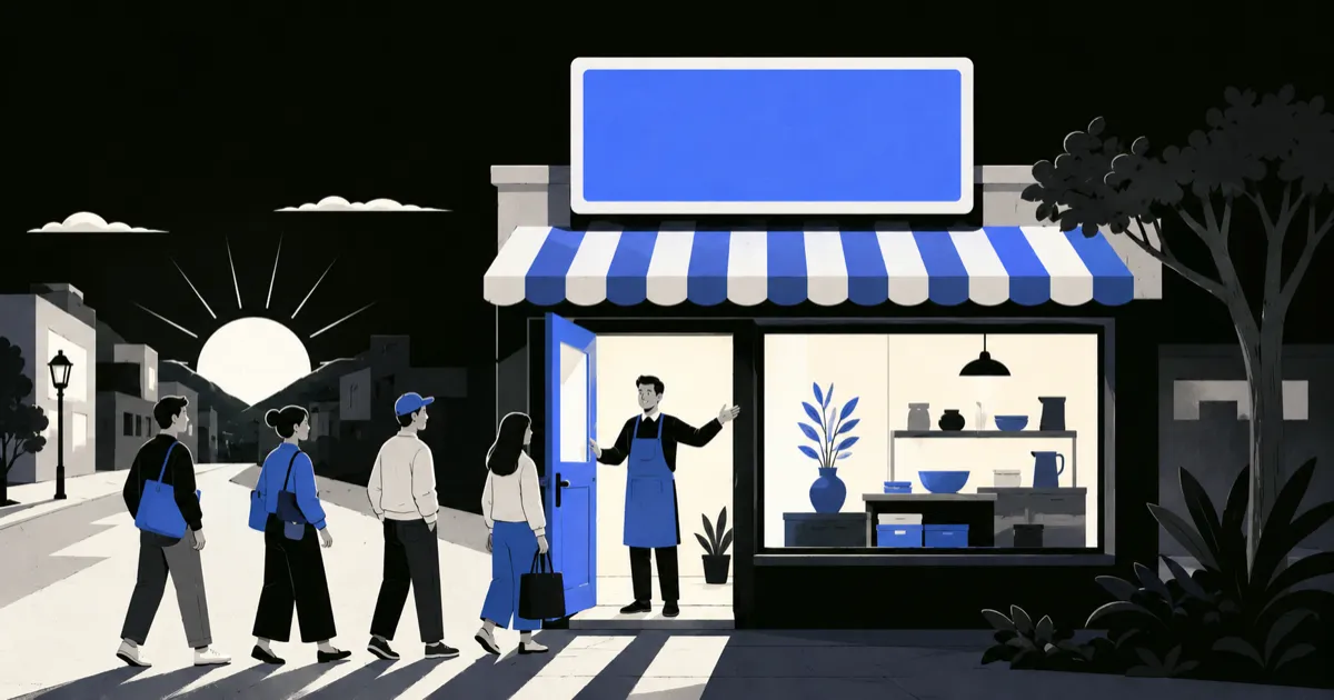 Editorial illustration of customers arriving at a shop, greeted at the door, with blue details.