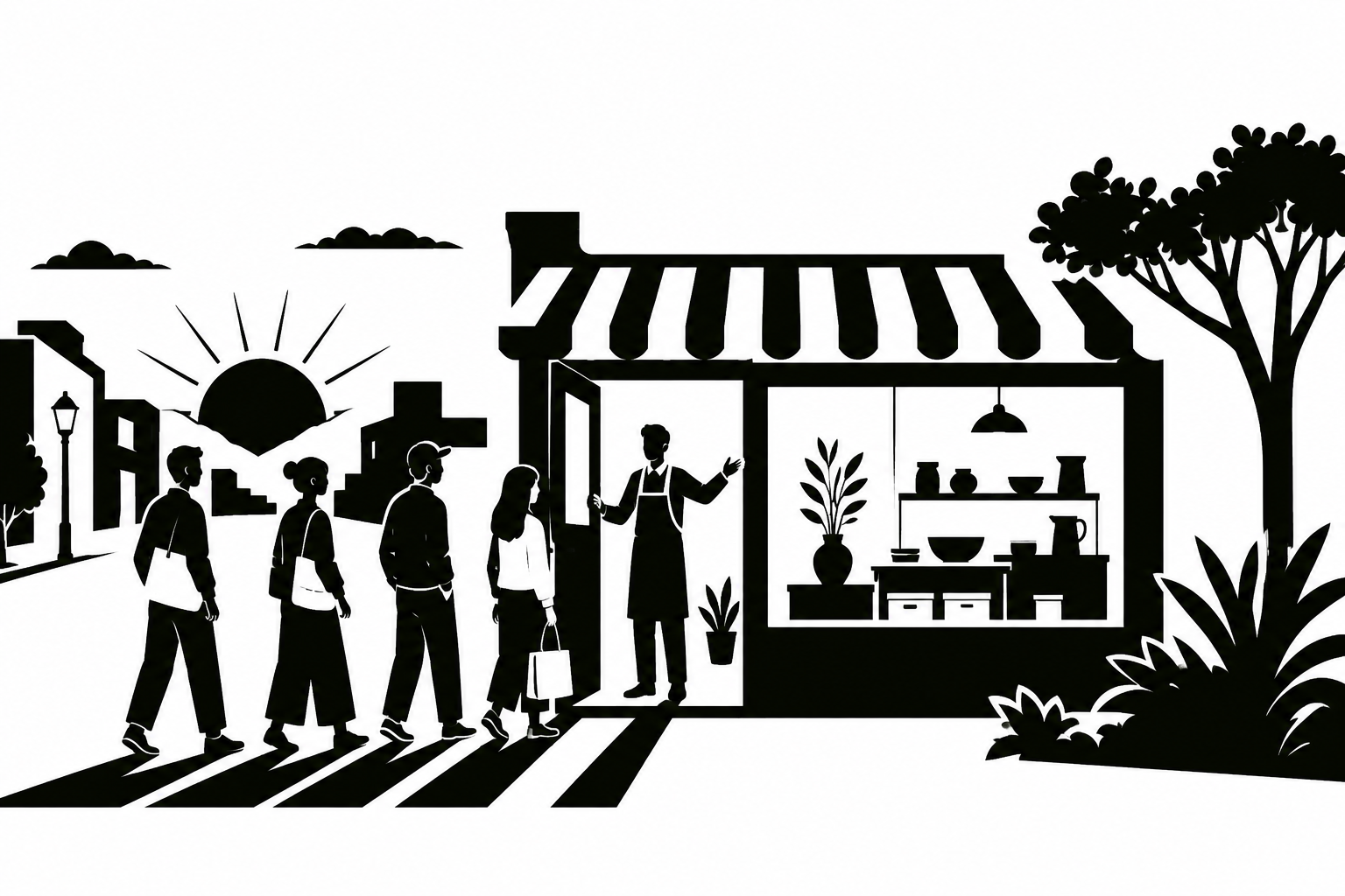 Monochrome study of a shop welcoming customers, built from black shapes and white negative space.