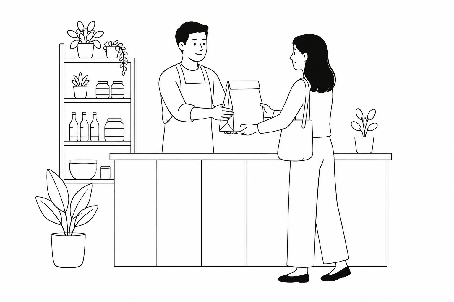 Line drawing of a person handing a bag to a customer across a shop counter.