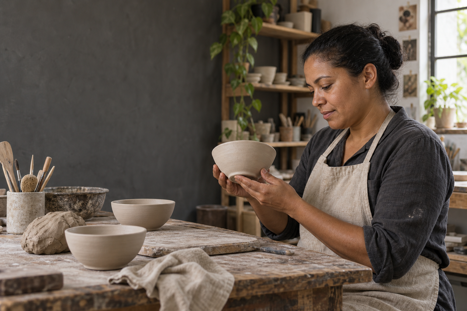 AI-generated scene of an artisan inspecting a ceramic bowl in a naturally lit workshop.